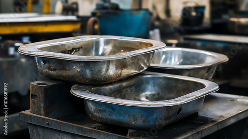 A pile of old stainless steel sinks stacked, Heavy use over time, The sinks have a dull, weathered look 