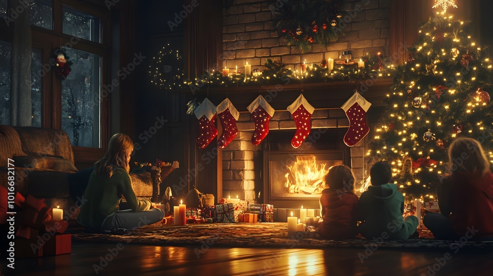 Fototapeta premium Family gathered around a fireplace and Christmas tree on a cozy night