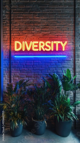 Vibrant Neon Diversity Sign on Brick Wall with Greenery photo