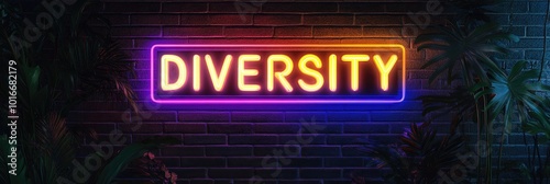 Vibrant Neon Diversity Sign on Brick Wall with Greenery