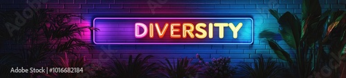 Vibrant Neon Diversity Sign on Brick Wall with Greenery photo