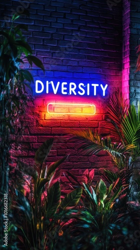 Vibrant Neon Diversity Sign on Brick Wall with Greenery photo