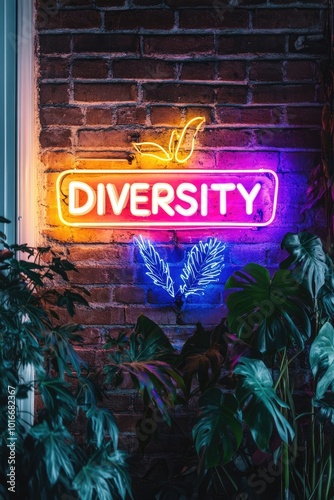 Vibrant Neon Diversity Sign on Brick Wall with Greenery photo