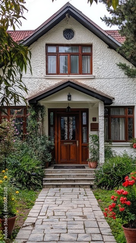 Charming house entrance with beautiful garden, flowers, and stone pathway, inviting atmosphere for a cozy home.