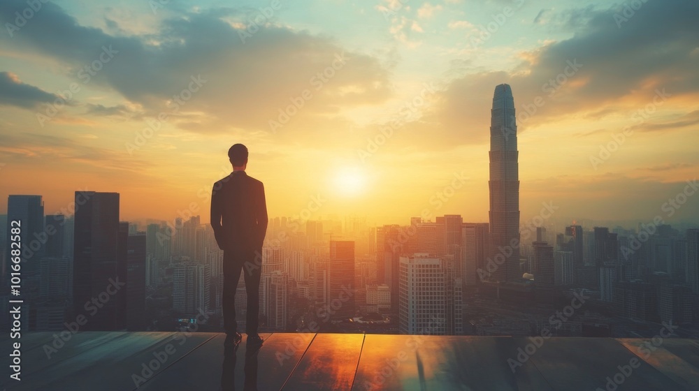 Business, man and thinking at city on rooftop about career or future with goal in company. Professional, person and skyscraper on roof is standing with vision or hope for decision as leader at work Business, man and thinking at city on rooftop about career or future with goal in company. Professional, person and skyscraper on roof is standing with vision or hope for decision as leader at work