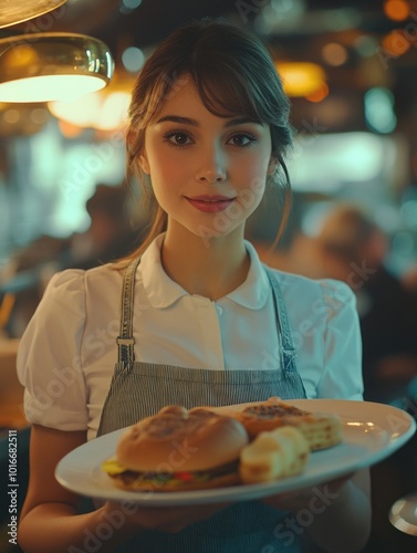 Genderless Restaurant Worker with Plate of Food photo