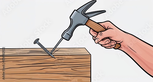 Hand drawing clipart of a nail being hammered into wood on plain white background photo