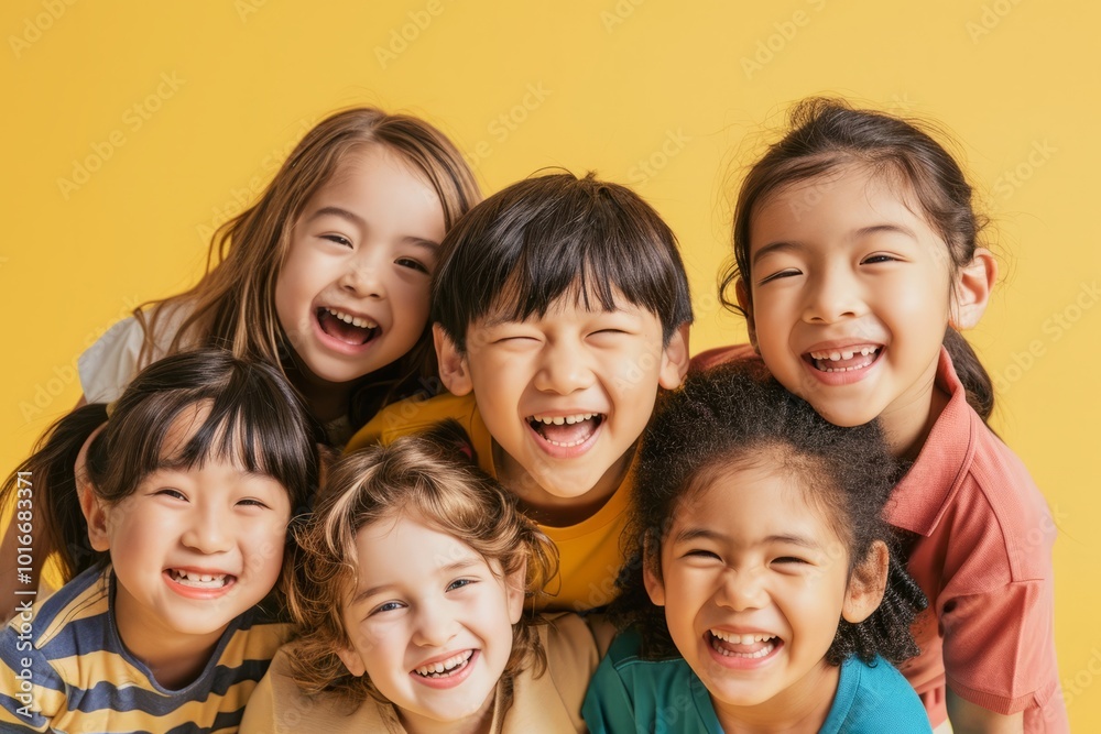 cheerful kids with closed eyes laughing and looking at camera isolated on yellow cheerful kids with closed eyes laughing and looking at camera isolated on yellow