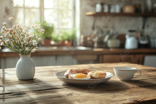 english breakfast spread, classic english breakfast on a wooden table in a rustic country kitchen setting with room for text photo