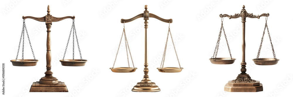 Antique brass weighing scales with intricate details ideal for law firm logo or legal service advertisement shown in PNG format with transparency Antique brass weighing scales with intricate details ideal for law firm logo or legal service advertisement shown in PNG format with transparency