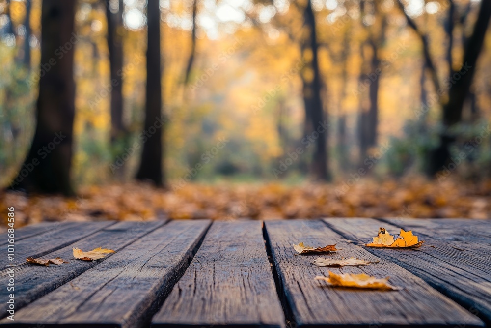 Fototapeta premium Composition with copy space for autumn background. Wooden table and colored leaves.