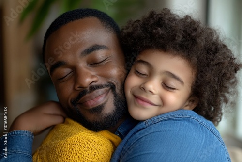 Happy African American Man hugging with little kid boy with eyes closed when he arriving at home. Black Father in blue shirt and Smiling son in yellow, Generative AI