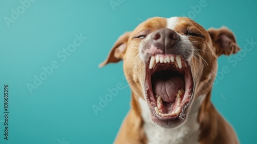 An energetic dog with its mouth wide open, captured against a teal backdrop, showcasing its playful spirit and lively energy in a vivid and dynamic photograph. photo