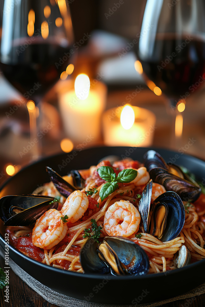 Pasta with seafood in tomato sauce, and shrimp and clams. AI generative. Pasta with seafood in tomato sauce, and shrimp and clams. AI generative.