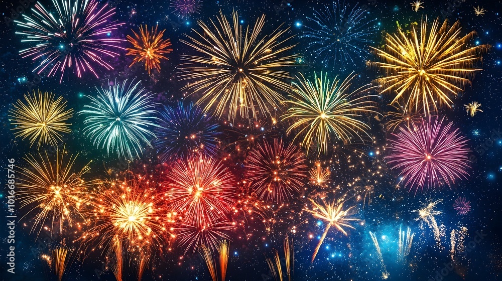 Vibrant Fireworks Bursting in Starry Night Sky Backdrop for Festive Vibrant Fireworks Bursting in Starry Night Sky Backdrop for Festive