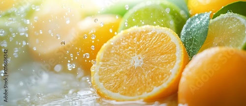 Juicy citrus fruits like oranges lemons and limes being sliced open with droplets of juice spraying outwards in a bright fresh and vibrant photography concept  The image has a clean