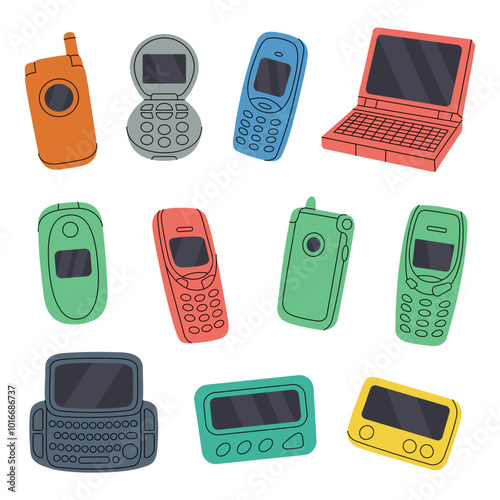 Retro phones set. Mobile phone from the 90s. Retro electronic devices. Mobile with buttons, phone with keypad, flip mobile, pager, beeper, cell phone.