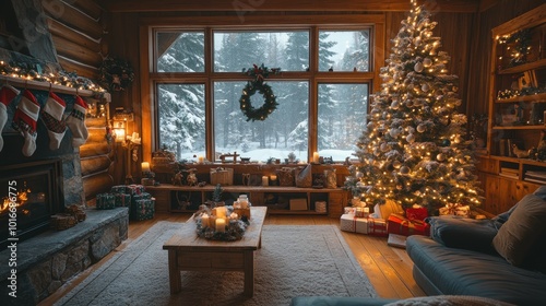 A rustic cabin living room with a Christmas tree covered in natural, wooden ornaments and white lights. Snow can be seen outside the window, creating a cozy, festive atmosphere. Large copy space on