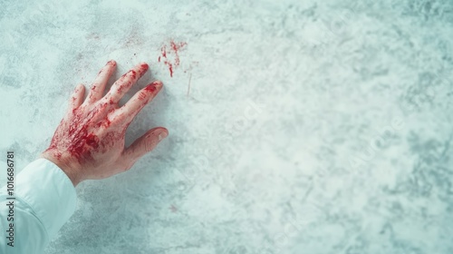 A gripping image of a blood-smeared hand pushing against a textured, cold-toned wall, suggesting struggle or emotion in a stark environment. photo