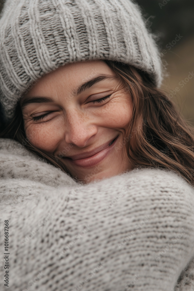 Close-Up of a Smiling Woman in Cozy Knitwear
