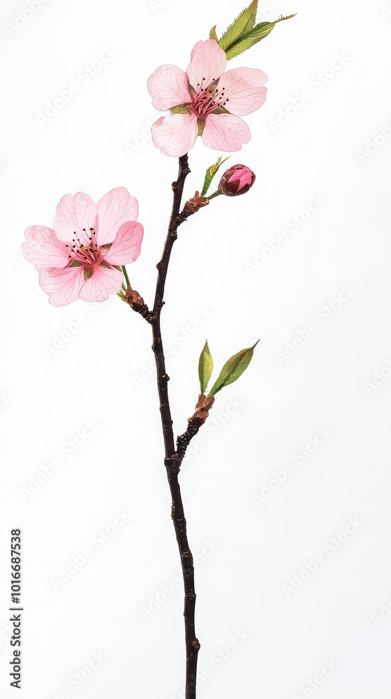 Delicate pink cherry blossom branch with fresh leaves against a white background, symbolizing spring and new beginnings. Delicate pink cherry blossom branch with fresh leaves against a white background, symbolizing spring and new beginnings.