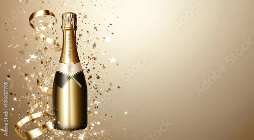 Golden champagne bottle with sparkling confetti on a beige background