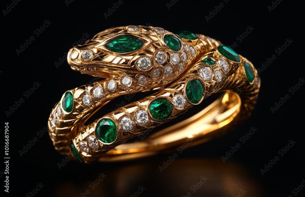 Golden Snake Ring with Emeralds and Diamonds on Black Golden Snake Ring with Emeralds and Diamonds on Black