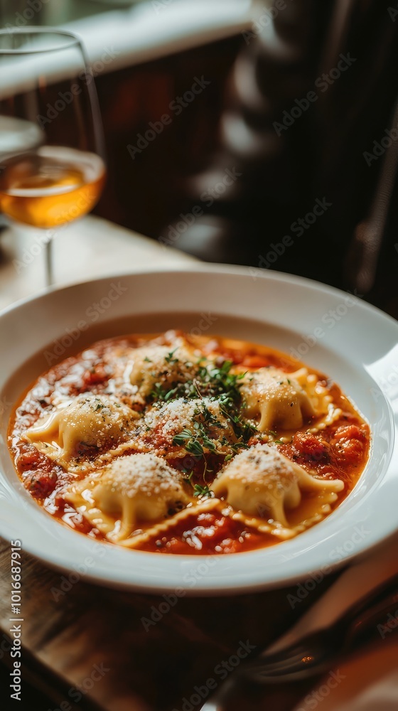 Delicious ravioli served in a rich tomato sauce, garnished with herbs. Perfect for food lovers and culinary enthusiasts. Delicious ravioli served in a rich tomato sauce, garnished with herbs. Perfect for food lovers and culinary enthusiasts.