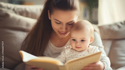 Young mother reading a book to her baby. Both look focused and happy in the comfort of their own home.