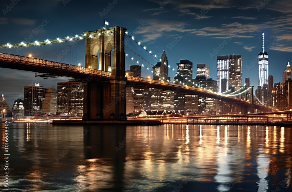 Fototapeta premium New York City skyline illuminated at night with the Brooklyn Bridge shining