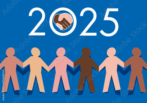 Carte de vœux 2025, sur le concept de la fraternité entre les races, avec le symbole de gens d’origines ethniques différentes, qui se donnent la main pour lutter contre le racisme.