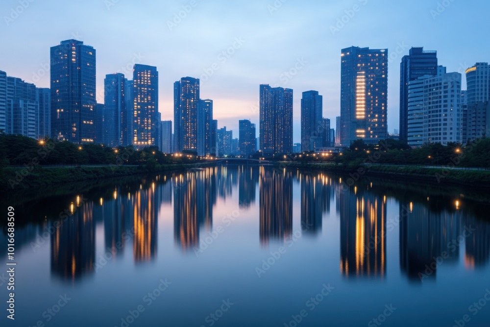 City skyline reflecting in water at twilight, showcasing modern architecture and serene urban landscape. City skyline reflecting in water at twilight, showcasing modern architecture and serene urban landscape.
