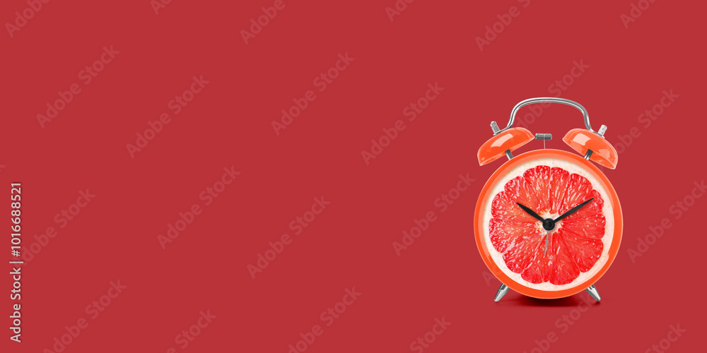 Juicy grapefruit on alarm clock dial against red background. Creative poster with space for text, banner design