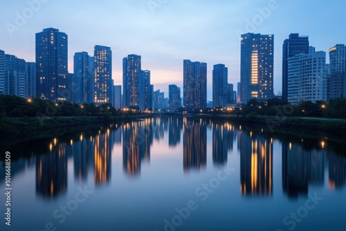 City skyline reflecting in water at twilight, showcasing modern architecture and serene urban landscape.