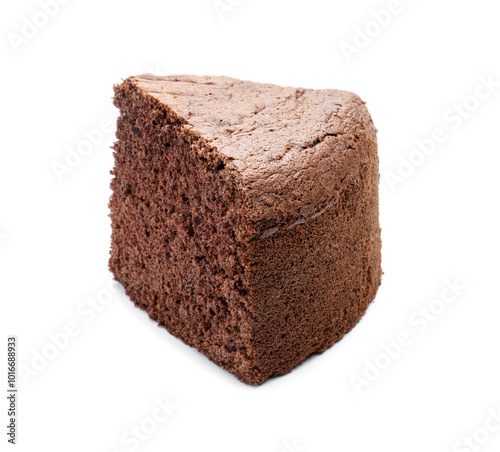 Piece of chocolate sponge cake isolated on white