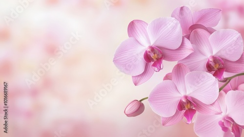 A serene image of delicate pink orchids with soft background hues, evoking beauty and tranquility.