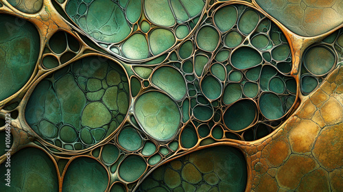 Organic morphogenesis patterns create intricate textures and shapes in vibrant green and gold color palette, evoking sense of natural beauty and complexity photo