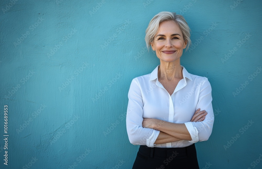 Happy Senior Business Woman Smiling in Front of Blue Wall Happy Senior Business Woman Smiling in Front of Blue Wall