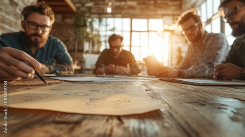 A focused group works on projects at a wooden table as sunlight streams through large windows in a rustic yet modern workspace, implying creativity and focus.