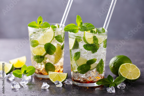 Fototapeta Naklejka Na Ścianę i Meble -  Mojito cocktail with fresh mint and limes in highball glass on a grey stone background. Close up.