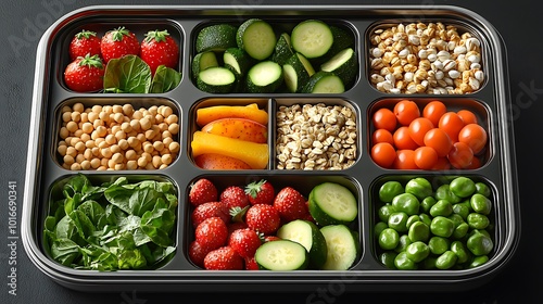 Healthy Meal Prep Container with Fruits Vegetables and Grains