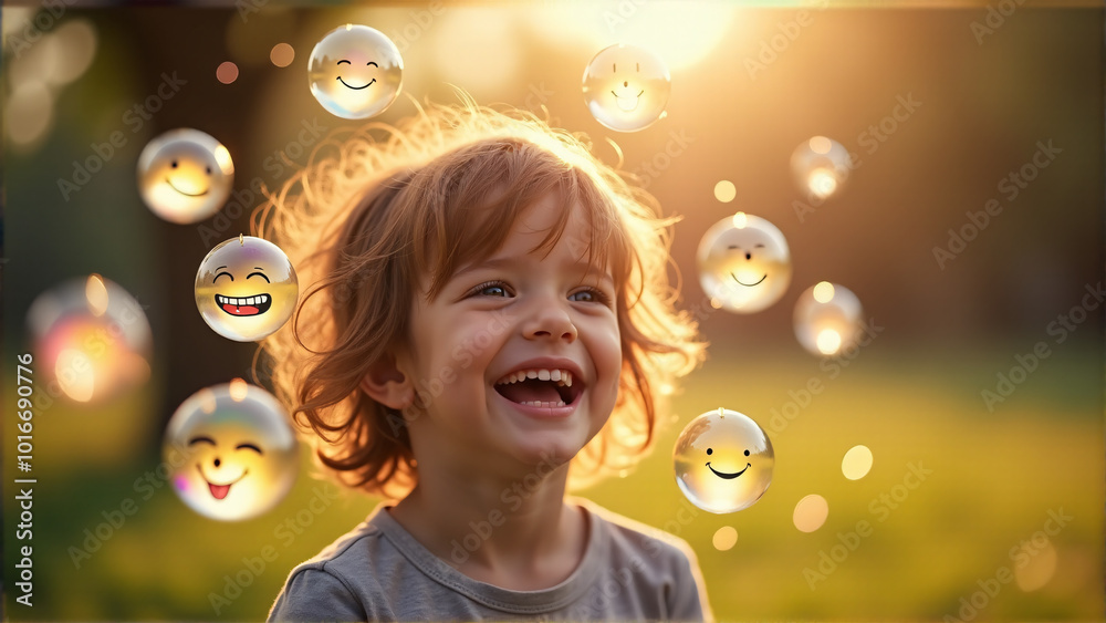A young girl is smiling and surrounded by a bunch of smiley faces A young girl is smiling and surrounded by a bunch of smiley faces