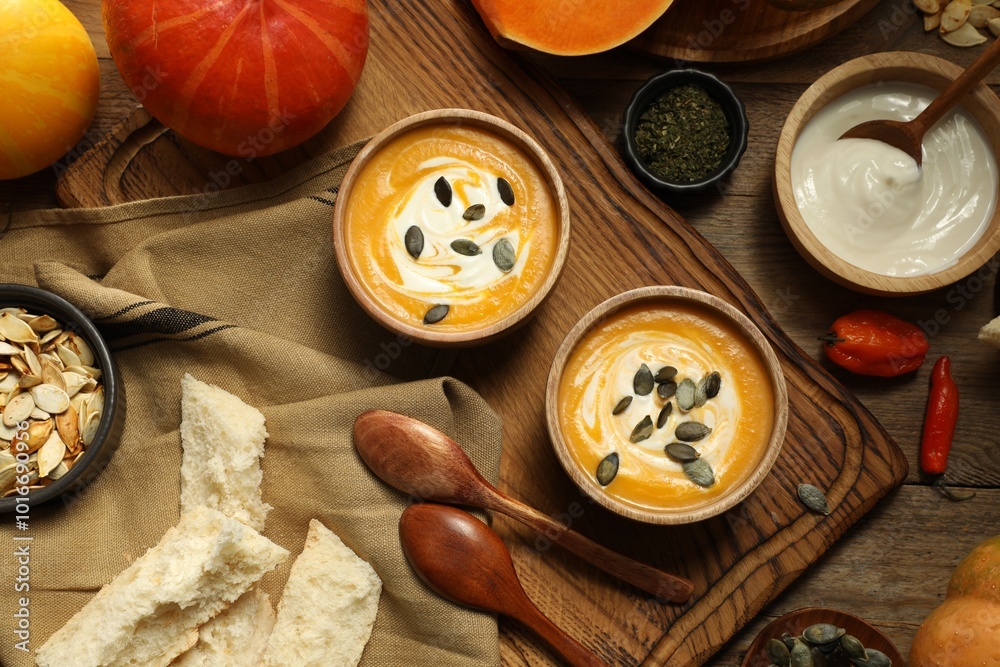 Delicious pumpkin soup served on wooden table, top view Delicious pumpkin soup served on wooden table, top view