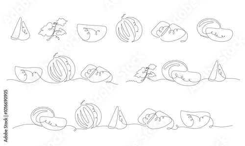 Set of vector linear illustrations with watermelons in minimalist style