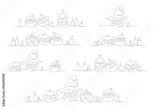 Vector graphic set with isolated Halloween pumpkins and candles in one line