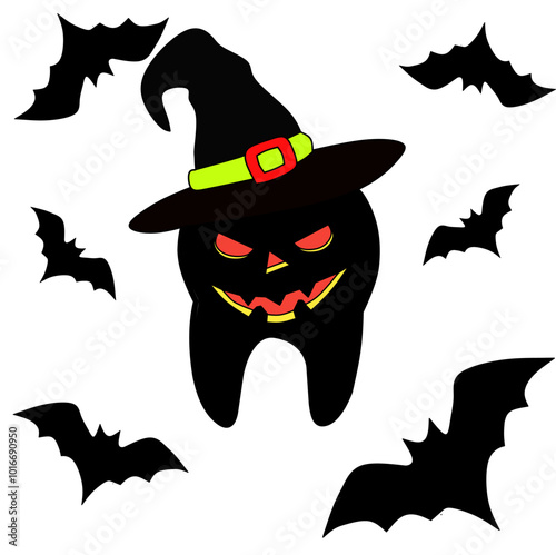 a vector cartoon tooth featuring a black halloween pumpkin character