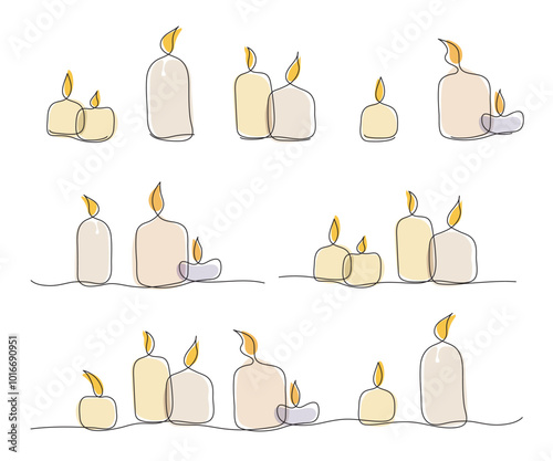 Large set of color stylized candles in one line in vector clip art