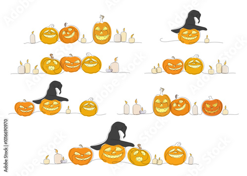 Halloween big color vector set with doodle pumpkins and candles