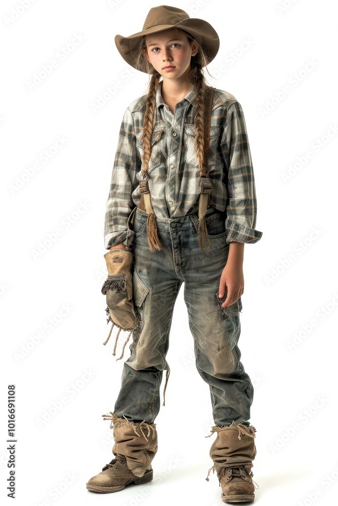 A teen female farmer clothing footwear apparel. A teen female farmer clothing footwear apparel.