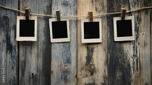 Four empty photo frames hanging on twine against a rustic wooden background, ready for memories to be captured and displayed. photo